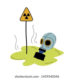 Gas Mask and Warning Triangle Sign of Radiation Hazard, Global Ecological Problem, Environmental Pollution By Chemicals and Industry Waste Vector Illustration