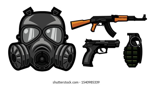 gas mask and weapon set for icon