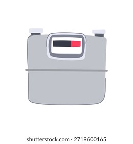 Contador de gás com um visor mostrando uma leitura e indicadores, representando a medição de energia, as despesas de utilidade e o consumo doméstico em uma ilustração simples plana