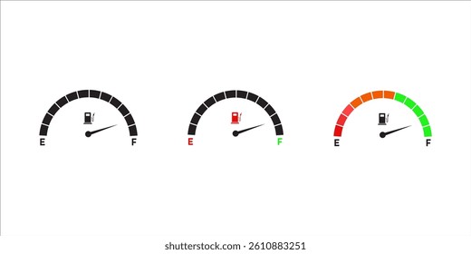 Gas meter fuel indicator. Full set of gauge vector tank icons. Car petrol dashboard. For your website, logo, app, UI design. Vector illustration, isolated on white background.