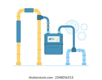 Medidor de gas en la ilustración del vector de tubería. Sistema de circuitos infográficos de caricatura con equipo doméstico, válvulas y tuberías para medir el consumo de gas en el hogar, dispositivo con indicador para el hogar