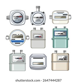 caricatura do conjunto de contadores de gás. precisão da manutenção, medição do consumo, sinal de faturamento do contador de gás inteligente.