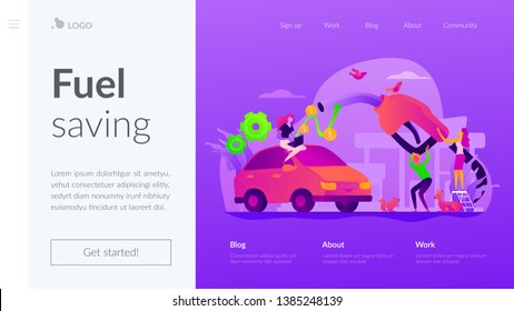 Gaskilometer, Kraftstoffeinsparung und effizientes umweltfreundliches Motortechnologiekonzept. Website-Homepage-Interface-UI-Vorlage. Landing-Webseite mit Infografik-Konzept-Helden-Kopfbild.