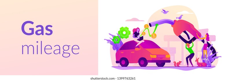 Gas mileage, fuel saving and efficient green eco friendly engine technology concept. Vector banner template for social media with text copy space and infographic concept illustration.