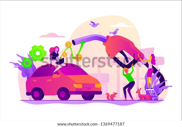 Gas
mileage, fuel saving and efficient green eco friendly engine
technology concept. Vector isolated concept illustration with tiny
people and floral elements. Hero image for
website.