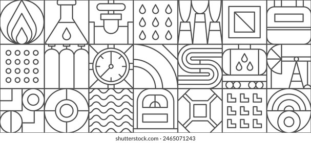 Gas and oil abstract modern geometric pattern with line tiles, vector background. Oil and gas industry geometric pattern of mosaic grid with oil factory, fuel or petroleum plant, pipeline and gasoline