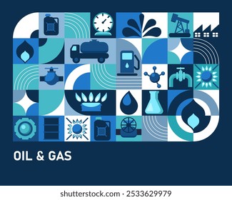 Gas and oil abstract modern vector background. Oil and gas industry geometric pattern. Vector minimalist design of oil factory, fuel or petroleum plant, pipeline and gasoline