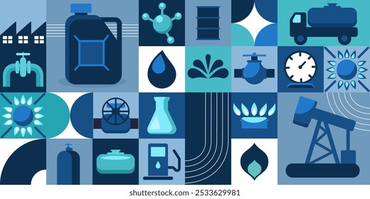 Gas and oil abstract modern vector background. Oil and gas industry geometric pattern. Vector minimalist design of oil factory, fuel or petroleum plant, pipeline and gasoline