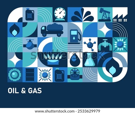 Gas and oil abstract modern vector background. Oil and gas industry geometric pattern. Vector minimalist design of oil factory, fuel or petroleum plant, pipeline and gasoline