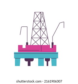 Gas oil drilling rig flat cartoon vector illustration isolated on white background. Petroleum fuel industry offshore extraction derrick cartoon icon or symbol.