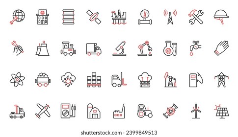 Gas and oil, energy and power production, resources, factory buildings orkers, pipeline manufacturing enterprise, robot equipment. Industry trendy red black thin line icons set vector illustration.