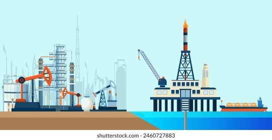 Fondo de la plataforma de extracción de la industria del gas y del petróleo con la estación de la torre de la bomba de extracción en alta mar y la plataforma de perforación de la plataforma. Ilustración vectorial eps10