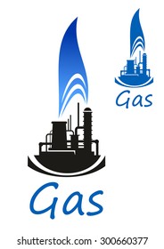 Gas and oil industry icon with chemical industrial plant or factory black silhouette with blue flame of natural gas, isolated on white background