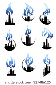 Gas and oil industry icons showing chemical industrial plants and factories with pipelines, tank storages, chimneys and powerful blue flames above them