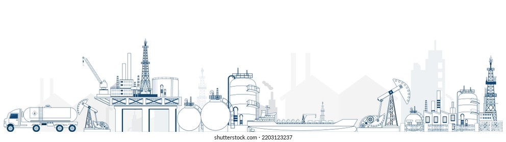 Gas and Oil industry platform Banner with Outbuildings, oil storage tank. Poster Brochure Flyer Design, Vector Illustration eps10