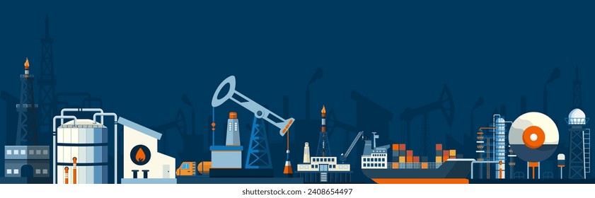 Gas and oil industry platform Banner with Outbuildings, Oil storage tank and more. Poster Brochure Flyer Design, Vector Illustration eps10