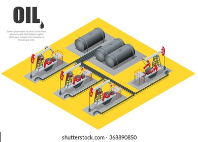 Gas oil industry production facilities. Oil industry drilling refining process petroleum transportation. Isometric banner webpage design with offshore platform isolated vector illustration