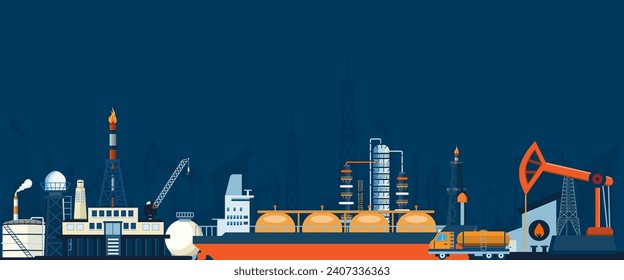 Gas oil industry, production and storage platform Banner with Outbuildings, Oil storage tank. Poster Brochure Flyer Design, Vector Illustration eps10