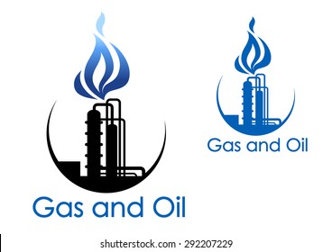 Gas and oil industry symbol with extensive piping of industrial process plant with blue gas flames