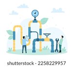 Gas and oil pipeline inspection, maintenance service vector illustration. Cartoon tiny people check pipes and valves safety, workers control natural gas transportation flow with repair equipment