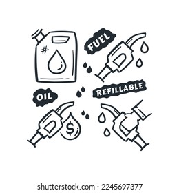 Doodles De Iconos De Línea De Vector Refisible De Aceite De Gas. Conjunto de elementos de dibujo del concepto de aceite de combustible