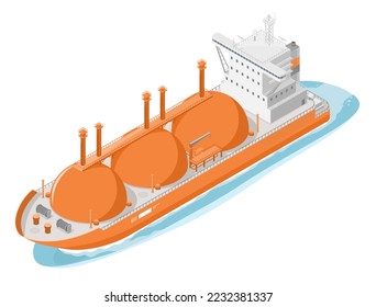 Gas and oil tank ship import export transportation of liquefied natural gas isometric cartoon orange vector isolated