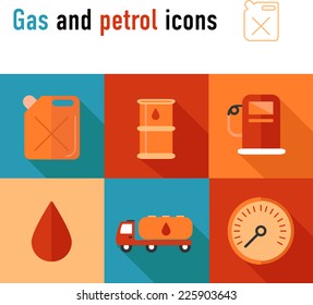 Gas and petrol flat icon set with drop, car and benzine