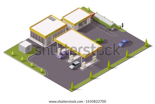 Gas, petrol and fuel filling station 3d isometric\
design with vector gasoline pumps, cars, store buildings and tank\
truck, auto service, repair shop, tire fitting and garage.\
Architecture themes