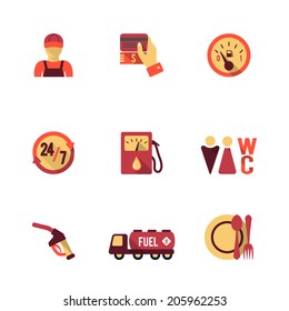 Gas Petrol Fuel Pay At The Pump 24h Availability Station Icons Set Flat Isolated Abstract Vector Illustration