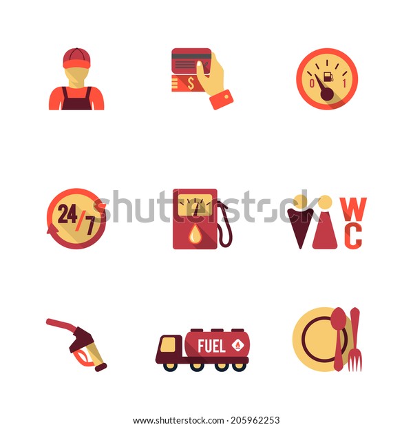 Gas petrol fuel pay\
at the pump 24h availability station icons set flat isolated\
abstract vector\
illustration