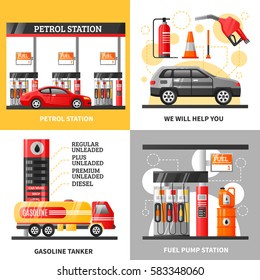 Gas and petrol station 2x2 design concept with petrol station gasoline tanker and fuel pump station flat vector illustration