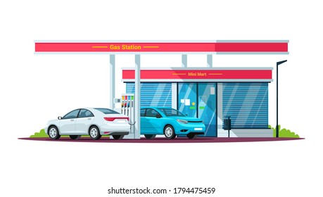 Gas, petrol station with cars semi flat RGB color vector illustration. Vehicle pumping, refilling. Mini mart. Self service filling station. Isolated cartoon objects on white background