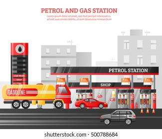 Gas and petrol station flat vector Illustration with car wash shop fueling advertising elements at city buildings background