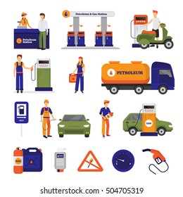 Gas And Petrol Station Icons Set With People Flat Isolated Vector Illustration 