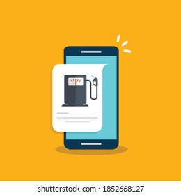 Gas petrol station info message on smartphone screen. Fuel charging using cellphone app, electronic digital online information concept, internet gasoline network system. Vector illustration.