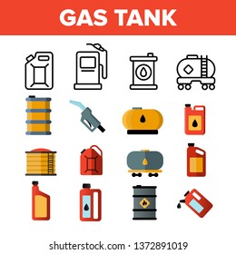 Gas, Petrol Tank Linear Vector Icons Set. Car Refueling Thin Line Contour Symbols. Gasoline Reservoirs, Containers Pictograms. Oil Industry. Petrol Pump Equipment Flat and Outline Illustrations