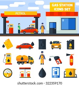 Gas petroleum diesel fuel service station banner and icons set composition poster flat abstract isolated vector illustration