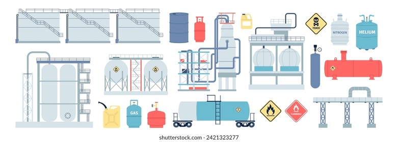 El petróleo de gas y el almacenamiento de combustible. Propano de globos, cilindros y latas. Elementos, tejidos y estaciones industriales del petróleo, conjunto reciente de vectores