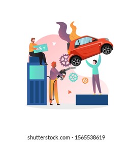Gas and petroleum station with characters, vector illustration. Refueling car concept for web banner, website page etc.