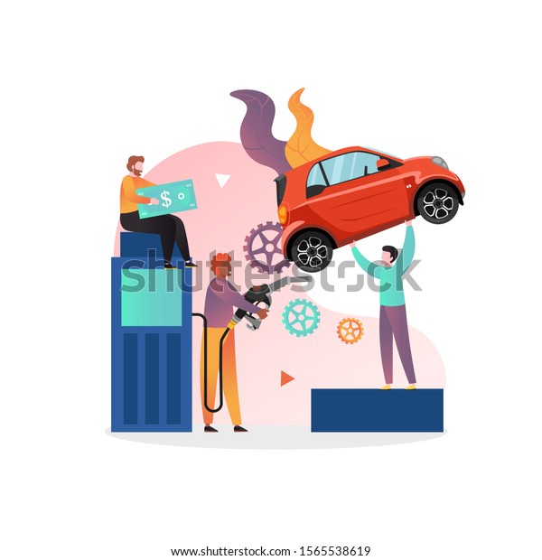 Gas and petroleum station with characters, vector\
illustration. Refueling car concept for web banner, website page\
etc.