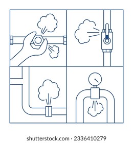 Gas pipe break icons. Vector linear illustration gas leak.