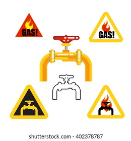 A gas pipe with a red valve, gas distribution, gas controls. Gasoptics. Gasification. Warning signs icons Carefully! Gas! Inflammable! The elements in the vector.