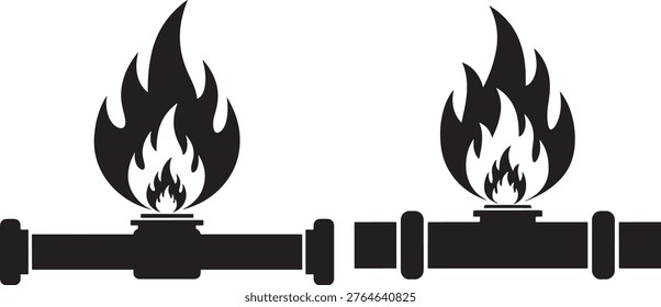 Gas pipe silhouette icon burning with flame, energy source symbol graphic.
