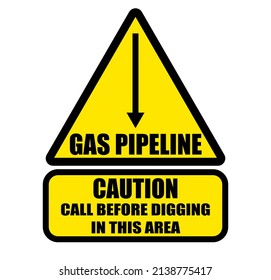 Gas pipeline buried, call before digging in this area. Yellow  warning triangle sign.