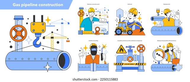 Gas pipeline construction set. Natural gas transportation system. Natural resource extraction industry. Fossil fuel and eco-friendly energy concept. Flat vector illustration