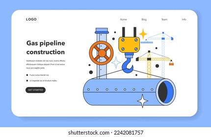 Gas pipeline construction web banner or landing page. Natural gas transportation system. Natural resource extraction industry. Fossil fuel and eco-friendly energy concept. Flat vector illustration