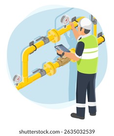 Gas pipeline engineer inspecting pressure gauges and valves during routine maintenance to ensure safety and operational efficiency at an industrial facility