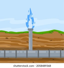 Gas Pipeline And Equipment. Gasmain With Blue Fire. Industrial Transportation Of Gas In Pipe Underground. Cross-sectional View. Flat Infographics