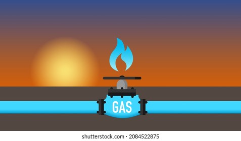 Gas pipeline, in the form of a gas pipe with a flame and text Gas flowing from a natural gas field to consumers. Copy space. Nord Stream