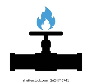 Gas pipeline icon, in the form of a gas pipe with a blue flame flowing from a natural gas field to consumers. Natural gas price and production symbol. Vector illustration flat style EPS 10.